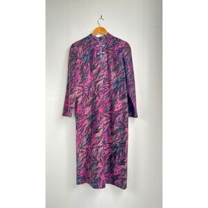 Vintage Futien Cheongsam Style Dress S Bamboo Leaf Print Purple Blue Frog Button